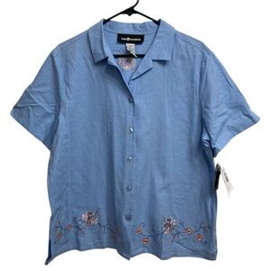 3/$15 Sag Harbor Linen Blend Floral Embroidered Blue Button Down Shirt Womens 16